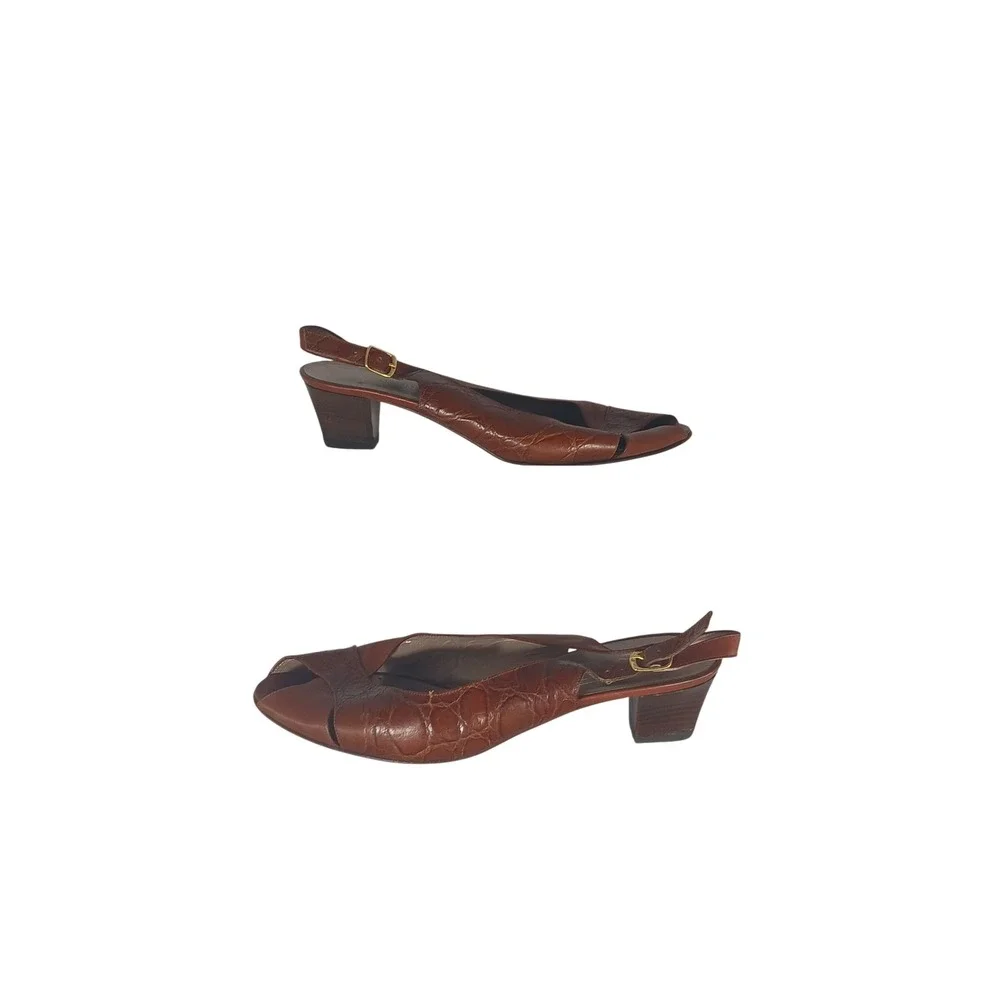 Bruno Magli Slingback Heels 8.5 AA Brown Leather Croc Peep Toe Italian Sandals